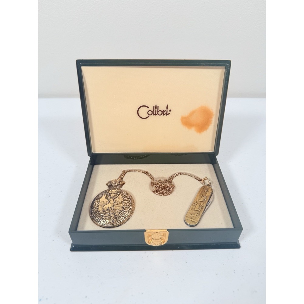 Colibri PWS-95120-C Quartz Pocket Watch & Folding Knife Elk Deer Gift Set W Case